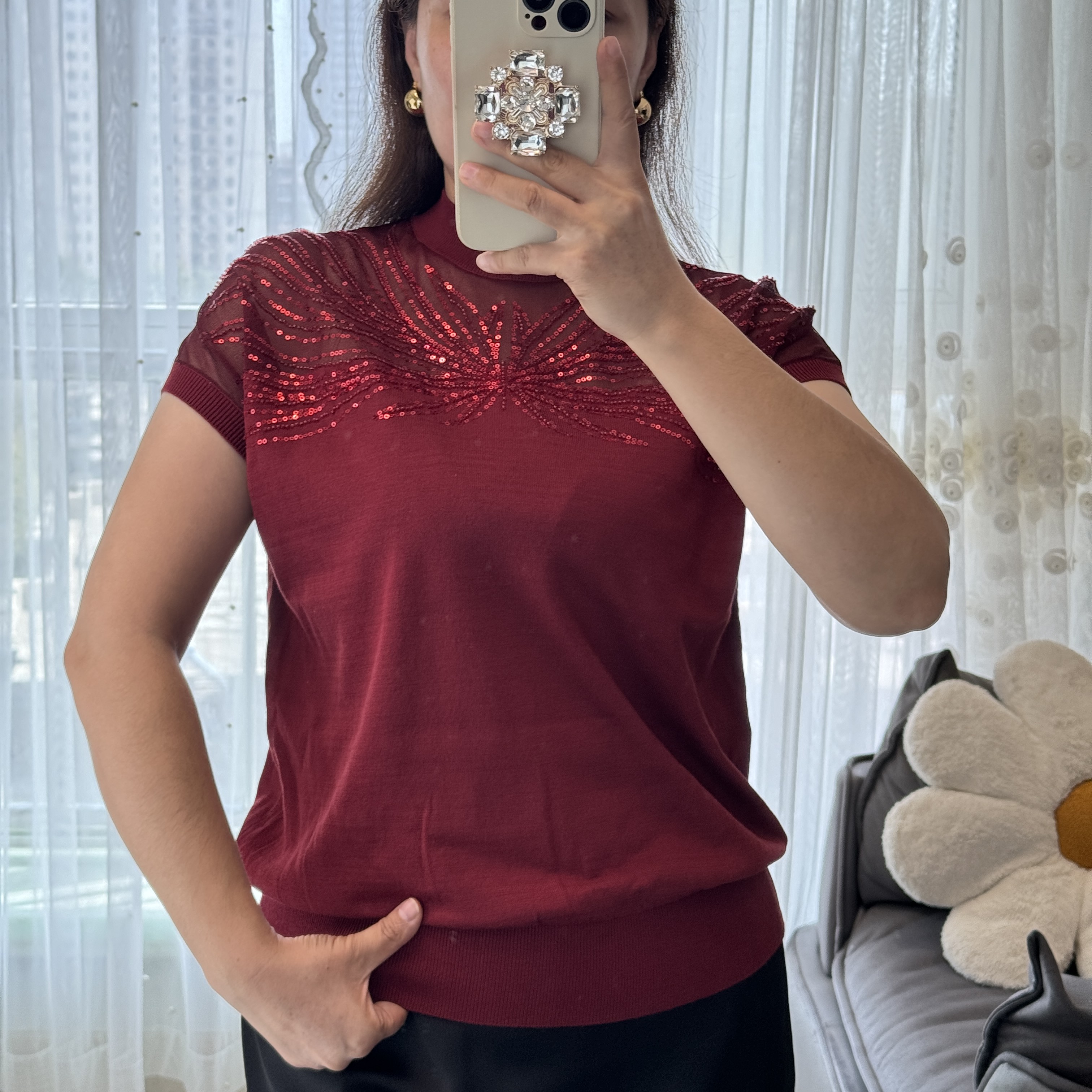 重工新款烫钻镂空针织衫圆领气质微透女人味条纹花T恤时尚百搭