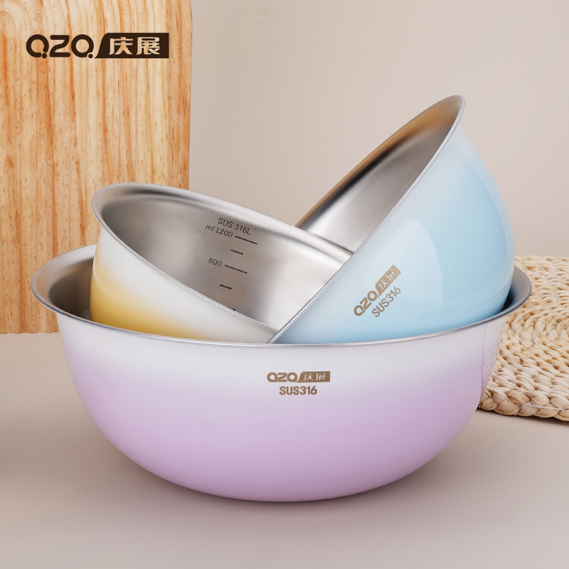 316不锈钢彩色沙拉盆三件套多功能料理盆家用厨房备菜盆