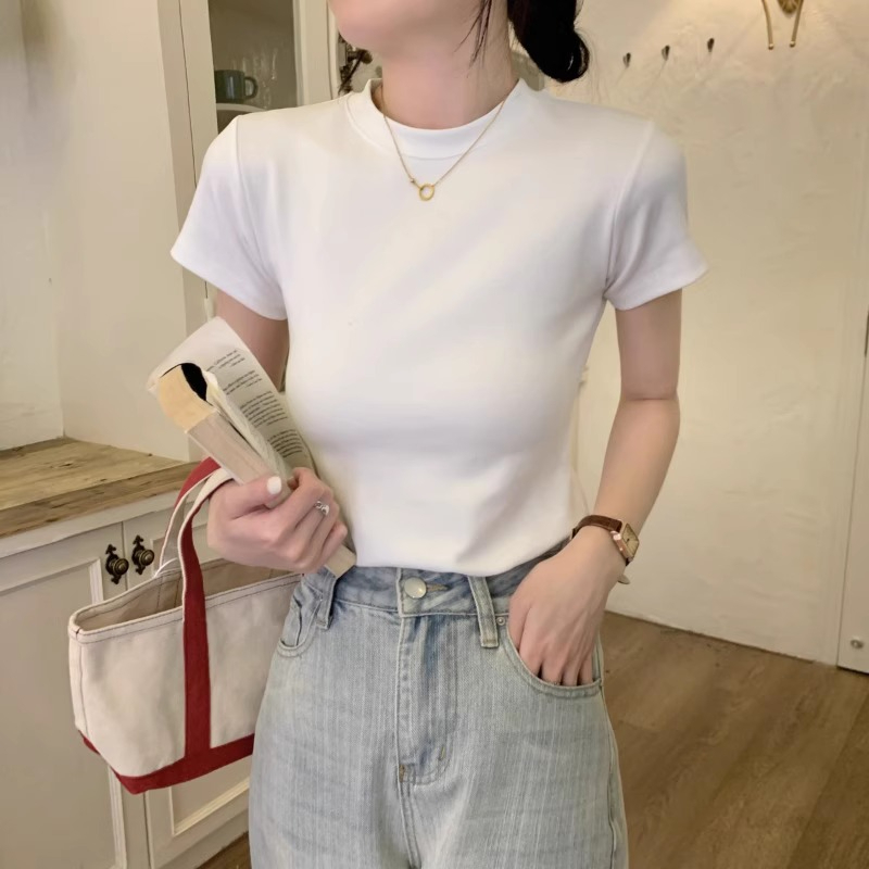 40支精梳棉白色短袖正肩白T恤女2024夏季新款修身内搭打底衫