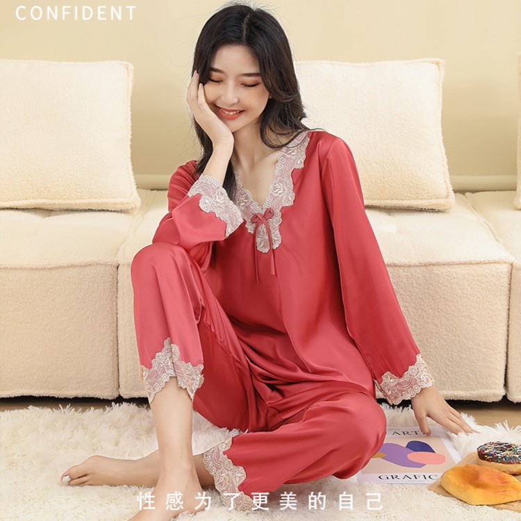 琼品新款睡衣女春夏冰丝长袖薄款高级感蕾丝宽松加大码两件套