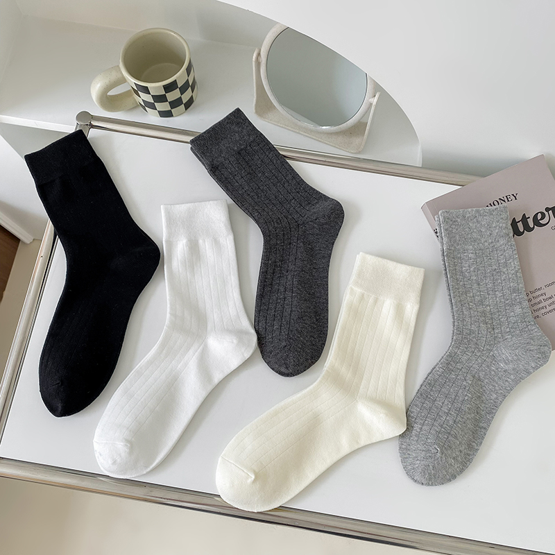 秋季新款袜子女棉ins百搭运动中筒袜竖条纯色miu系女款堆堆袜