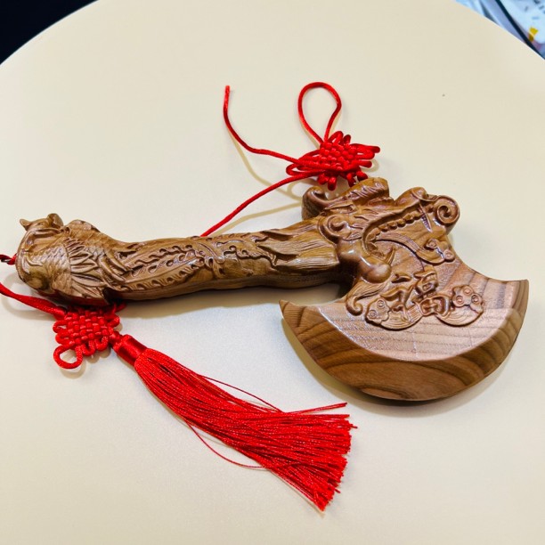龙凤呈祥桃木斧一把25CM 家居摆件 雕刻 桃木