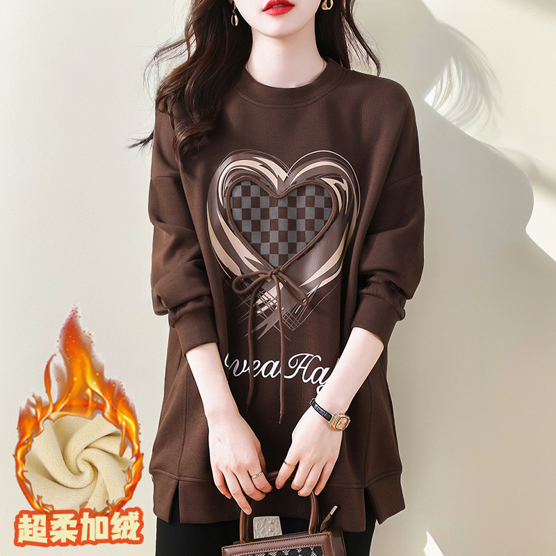 加绒/不加绒2025秋冬新款中长款韩版印花拼接绳子立体装饰开叉衫