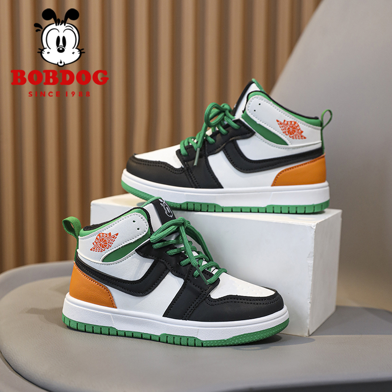 巴布豆儿童鞋春季新款中大童高帮运动鞋男童男孩皮面防滑休闲板鞋