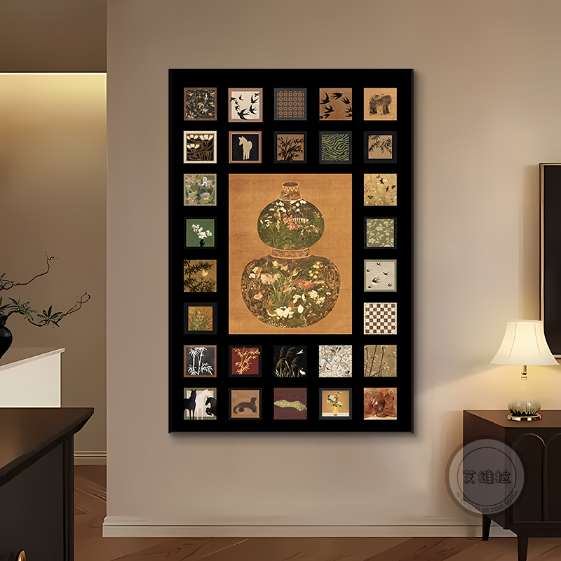 2025新款中古风百联客厅装饰画黑色高级感入户玄关挂画大幅落地
