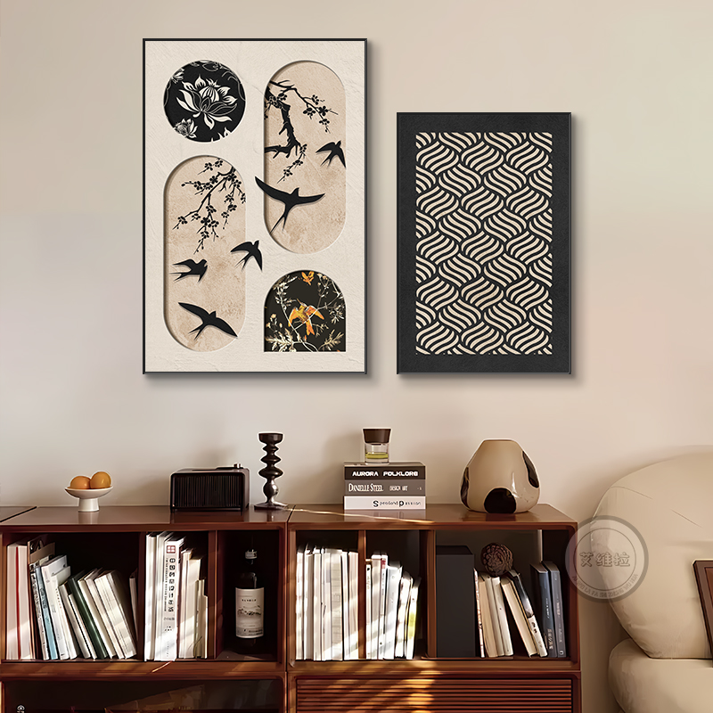 餐厅背景墙装饰画2024新款中古风花鸟图挂画黑白高档大气玄关壁画