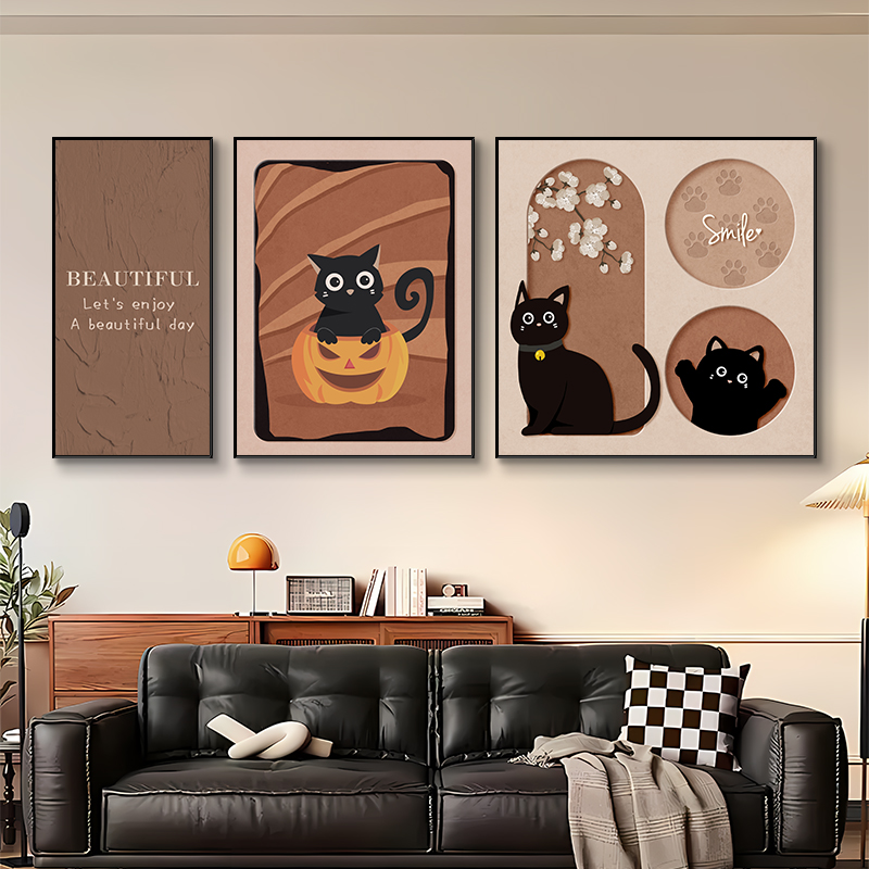 中古风客厅装饰画法式抽象组合三联壁画美式高级感沙发背景墙挂画