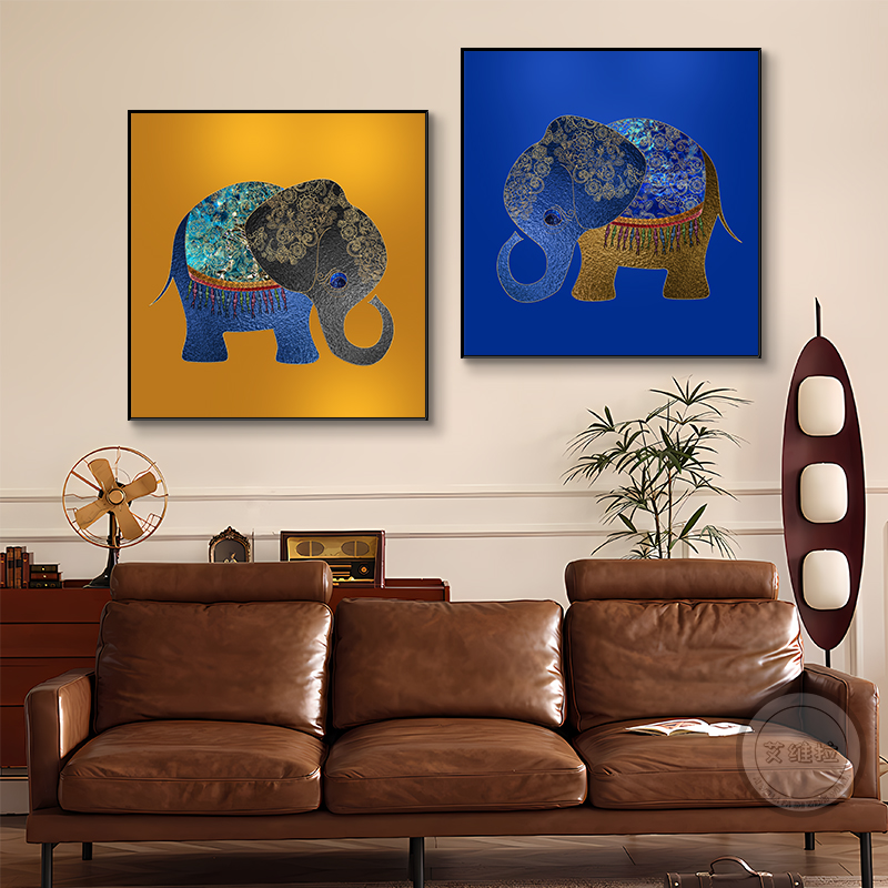 可爱大象餐厅装饰画北欧轻奢正方形玄关壁画现代客厅走廊过道挂画