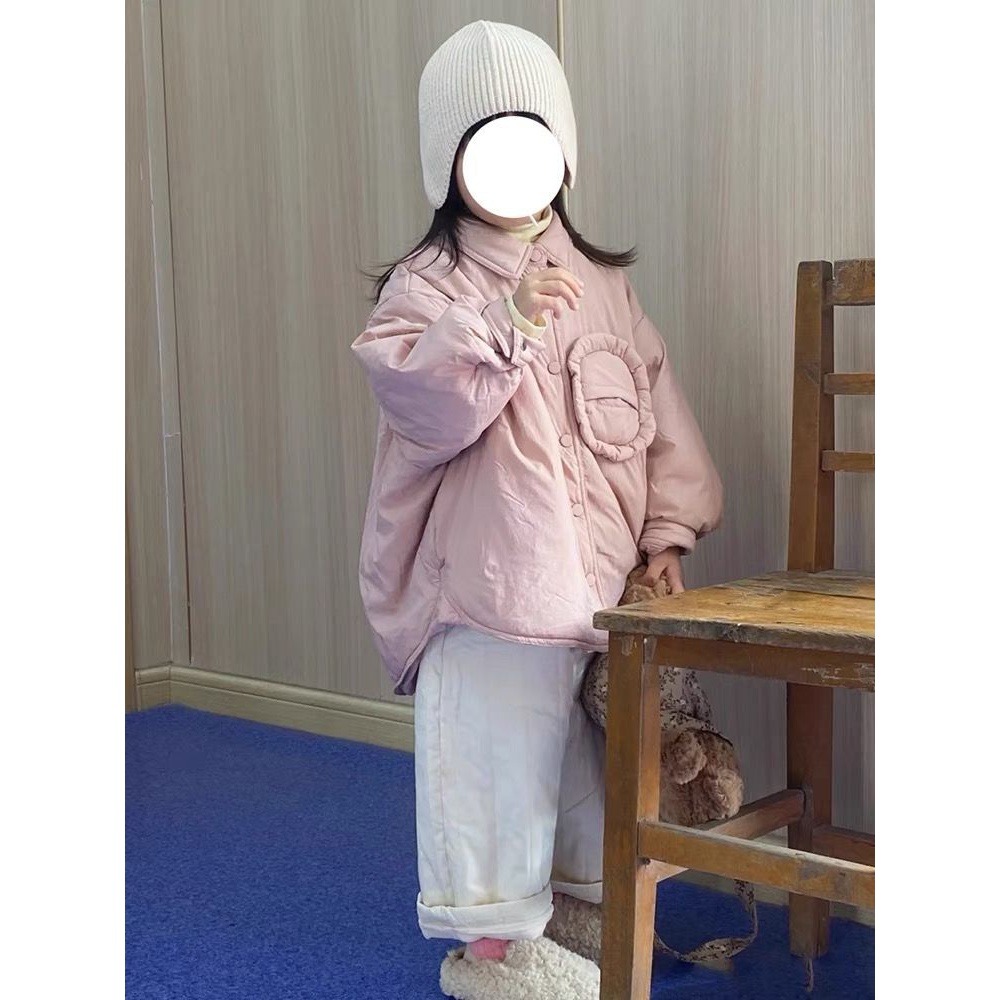 童装秋冬款女童小翻领棉服夹棉加厚保暖棉衣宝宝粉色宽松外套