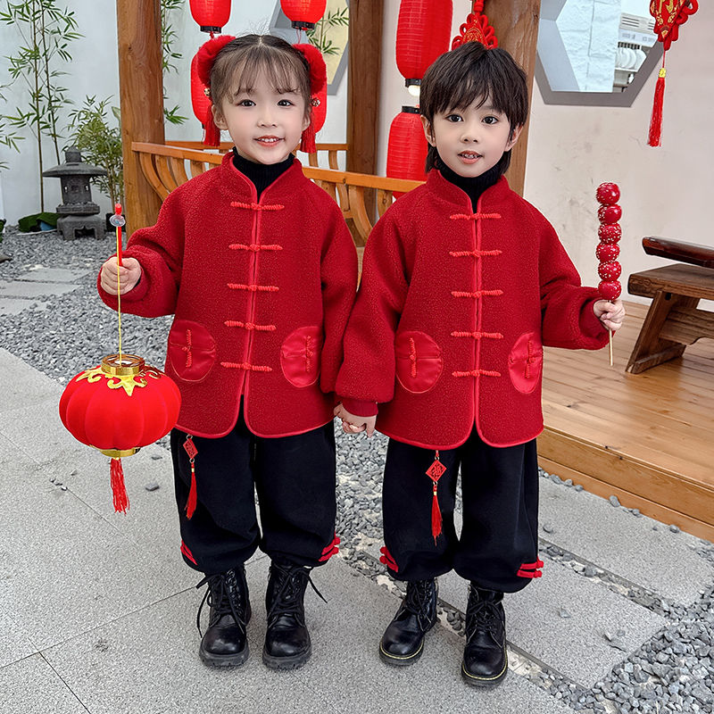 男童拜年服唐装加绒加厚女童汉服冬红色喜庆服装元旦儿童演出服