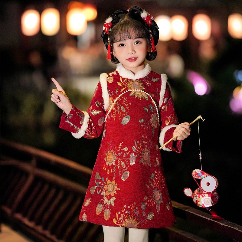 汉服女童唐装拜年服儿童过年冬装旗袍秋冬季新年衣服国风裙子新款