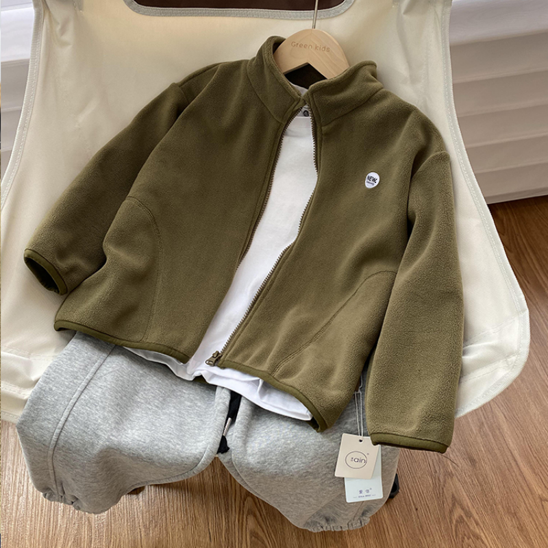 中大童柔软摇粒绒外套2023年秋冬新款立领保暖上衣儿童舒适拉链衫
