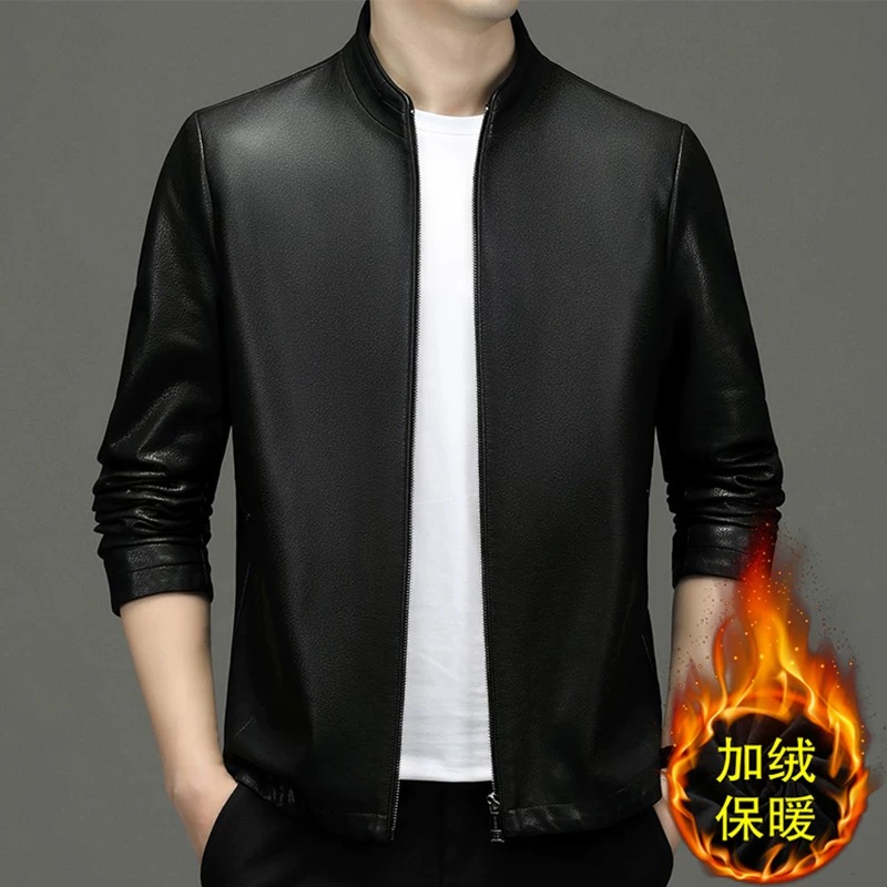 海宁真男士皮衣外套爆款2024新款休闲美式机车款爸爸装立领皮夹克