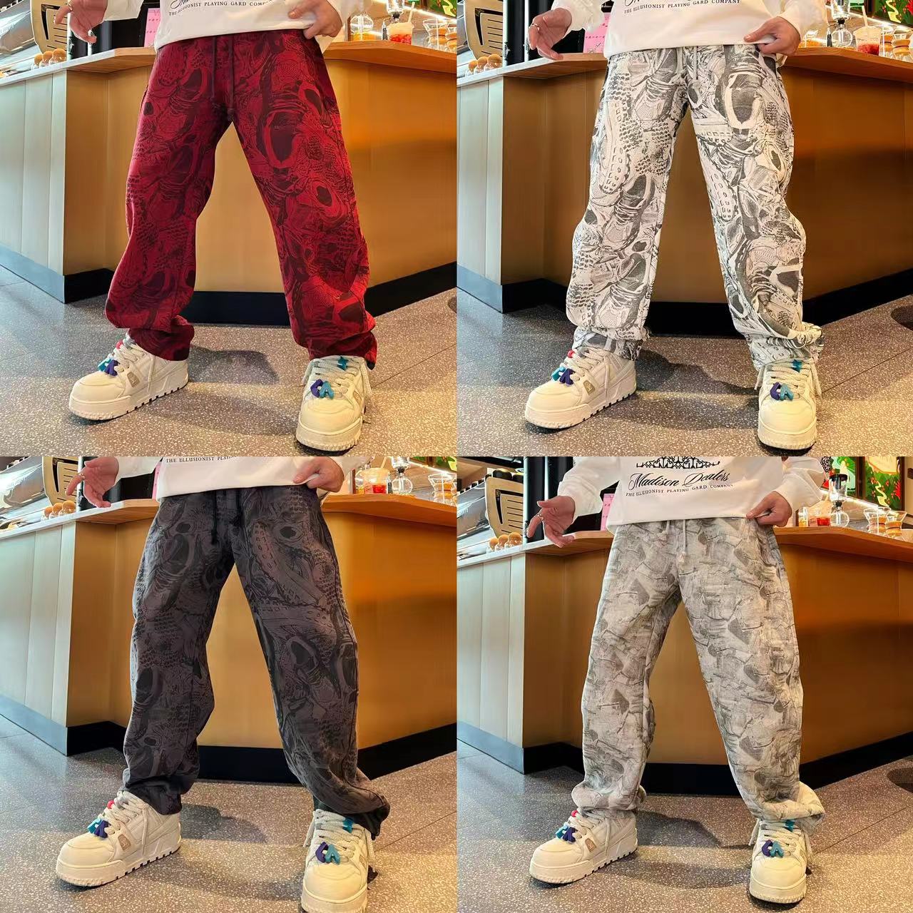秋季潮流小众个性时尚鞋子满印设计感男士宽松帅气松紧腰休闲裤