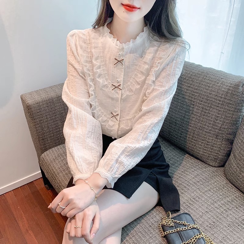 LOzP蕾丝木耳边拼接长袖衬衫女新款时尚洋气甜美减龄上衣雪纺衬衣