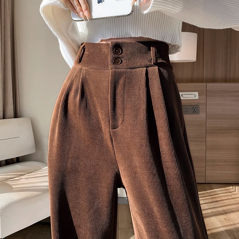 LOzP咖色雪尼尔加绒加厚西裤女秋冬休闲直筒灯芯绒阔腿裤2023爆款