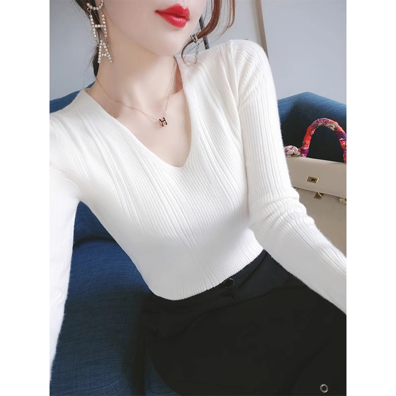 LOzPv领白色打底衫毛衣女秋装季2023年新款内搭修身针织衫上衣