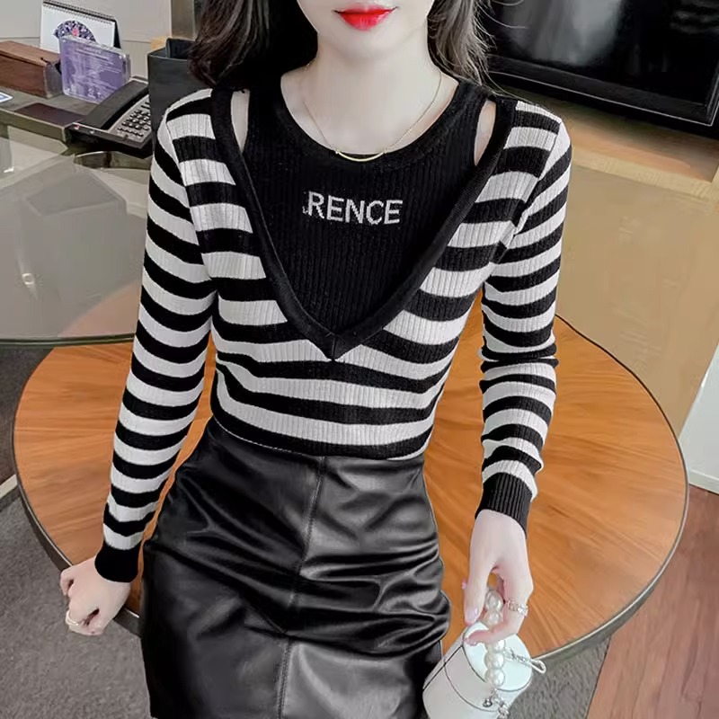 LOzP新款洋气时尚条纹设计感小众上衣女修身假两件长袖针织打底衫