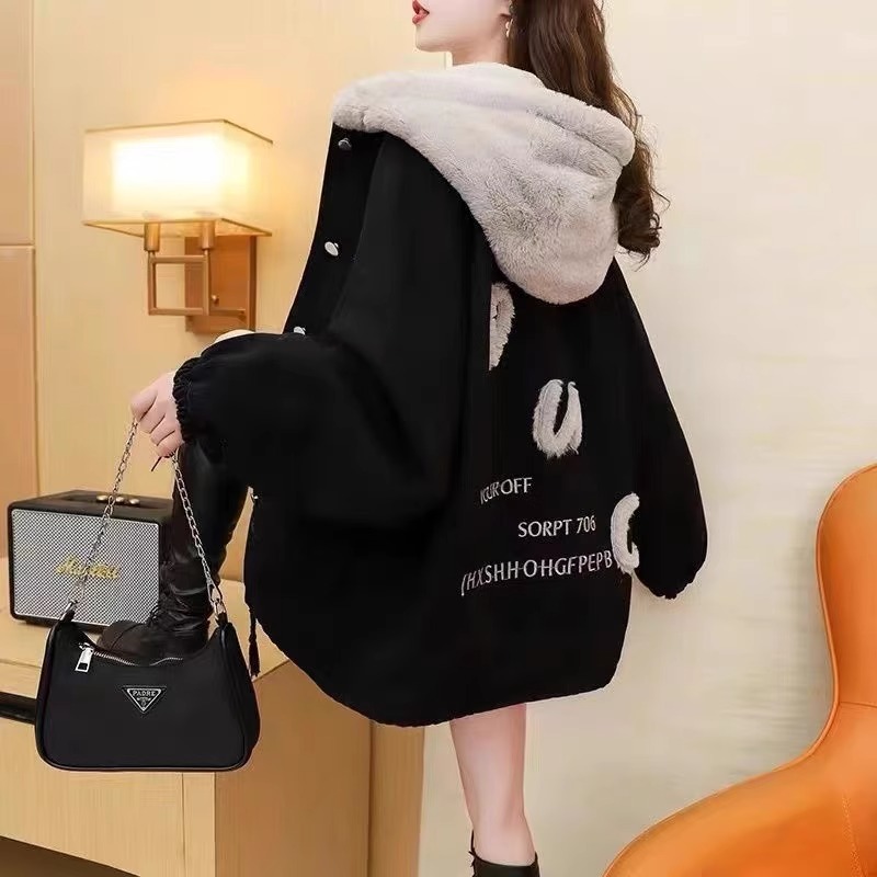 LOzP加绒加厚连帽牛仔外套女2023年新款秋冬外穿百搭宽松慵懒风