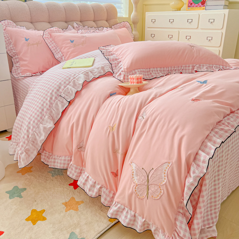 韩系水洗棉蝴蝶刺绣荷叶花边粉色四件套019蝶影仙踪 粉色