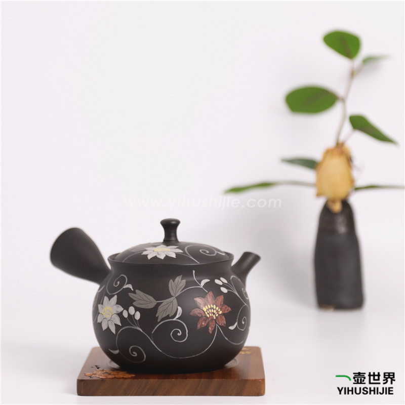 常滑烧纯手工日式紫砂侧把陶茶壶 昭龙 朱泥 窑变黑铁仙 320ml