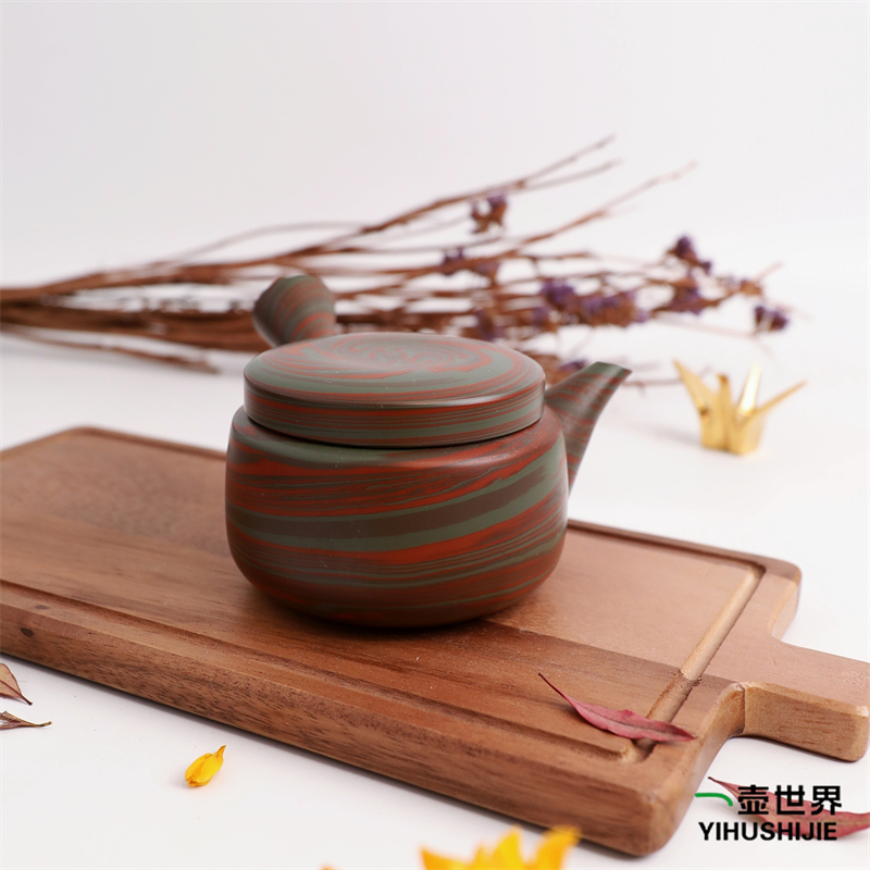 常滑烧急须 玉阳 红绿色 绞泥 无钮 260ml 纯手工日式侧把陶茶壶