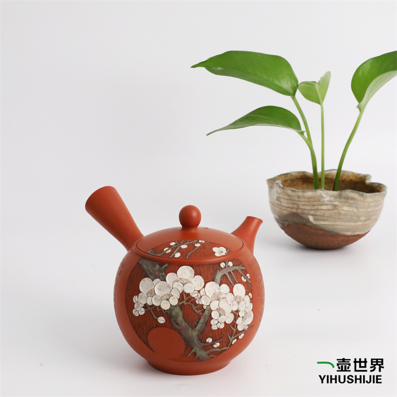日本常滑烧纯手工日式侧把陶茶壶 壶堂 朱泥 白梅雕 330ml 现货