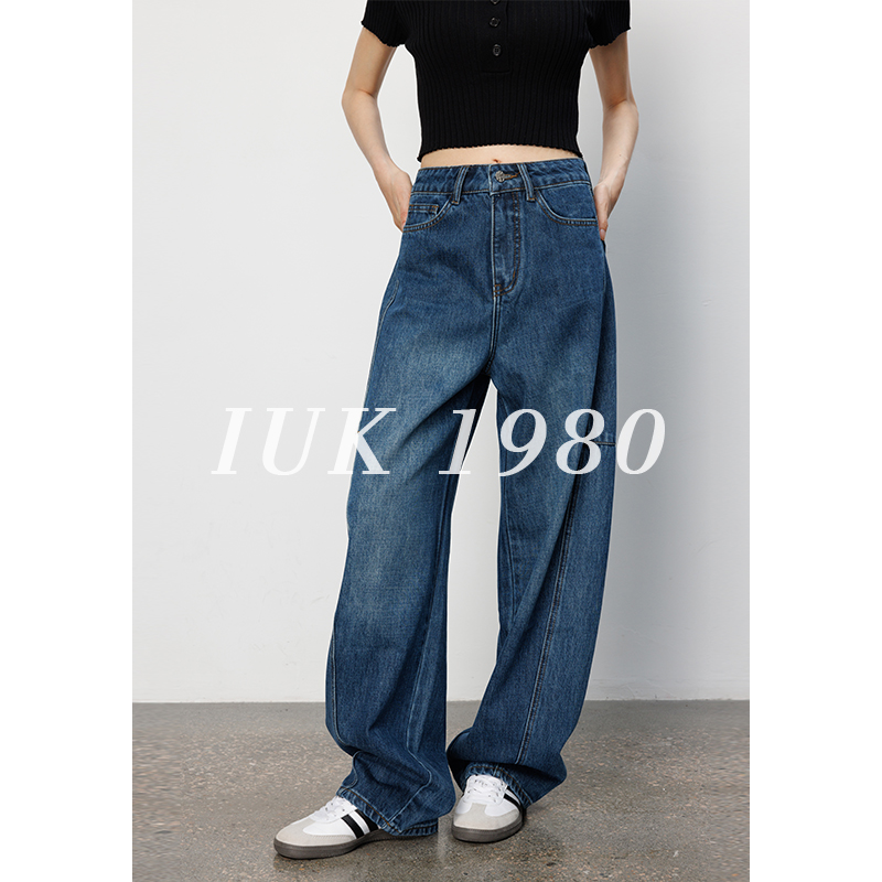 IUK/尤库2024秋冬香蕉裤设计款女士蓝色高腰宽松显瘦女裤复古蓝色