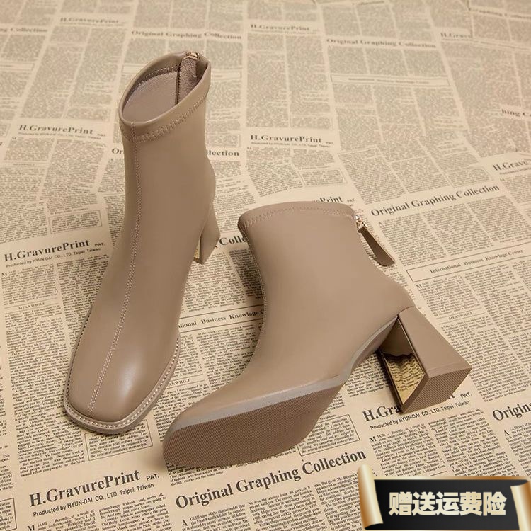 红蜻蜓牌卡其色短靴女2023年秋冬时尚新款及踝靴方头粗跟高跟鞋子