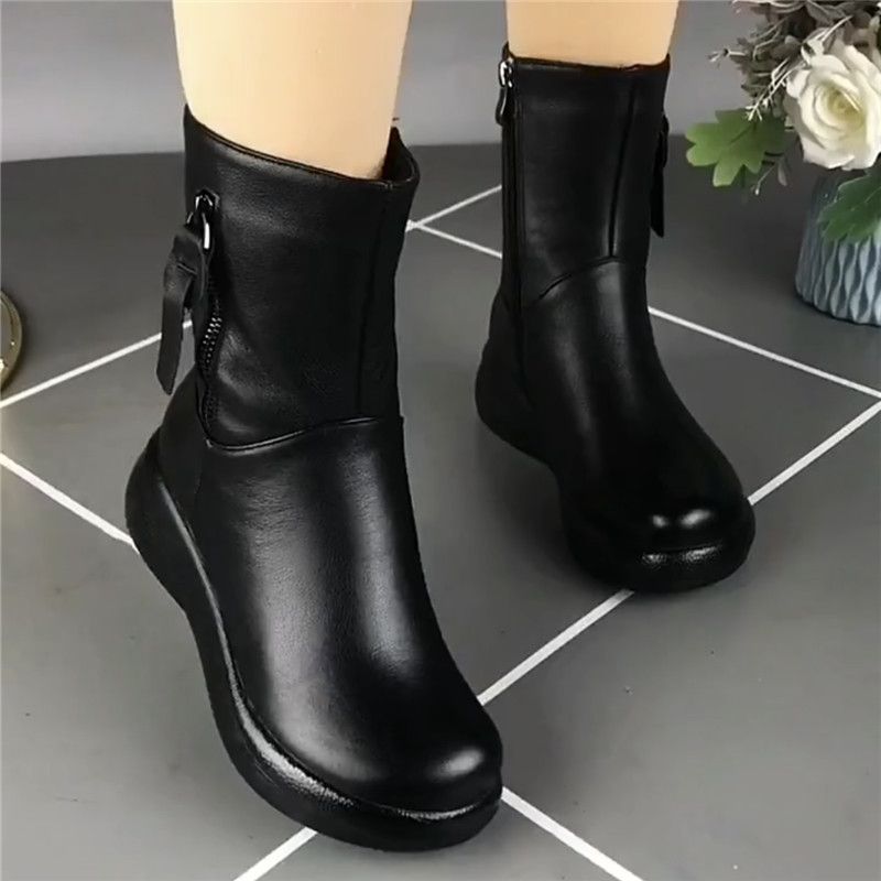 红蜻蜓牌厚底中筒短靴女真皮2023秋冬新款圆头松糕底加厚舒适休闲