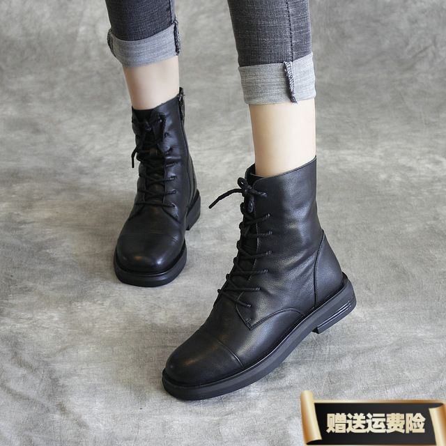 红蜻蜓牌黑色马丁靴女2023秋冬百搭系带短靴休闲时尚英伦风单靴潮