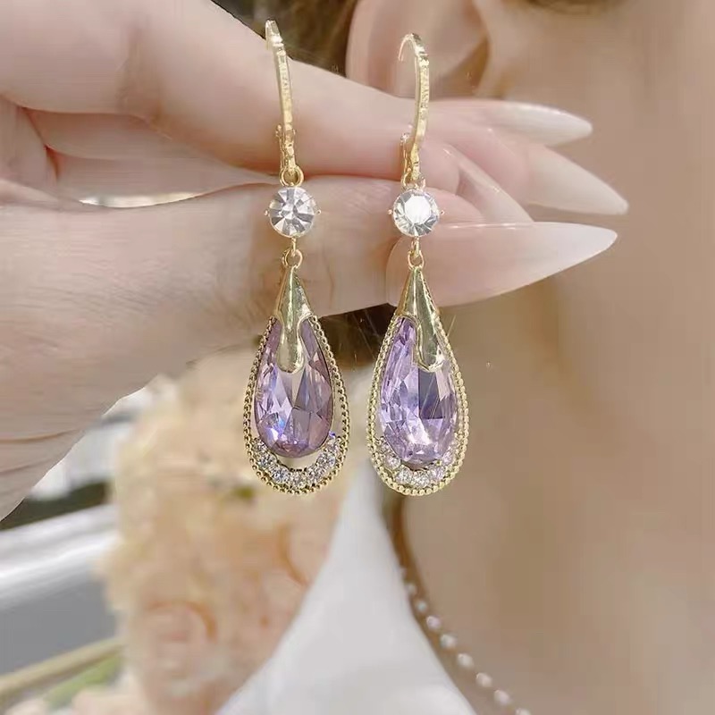 铜合金合成锆石耳饰  紫色水滴形耳环简约耳扣时尚女气质-289