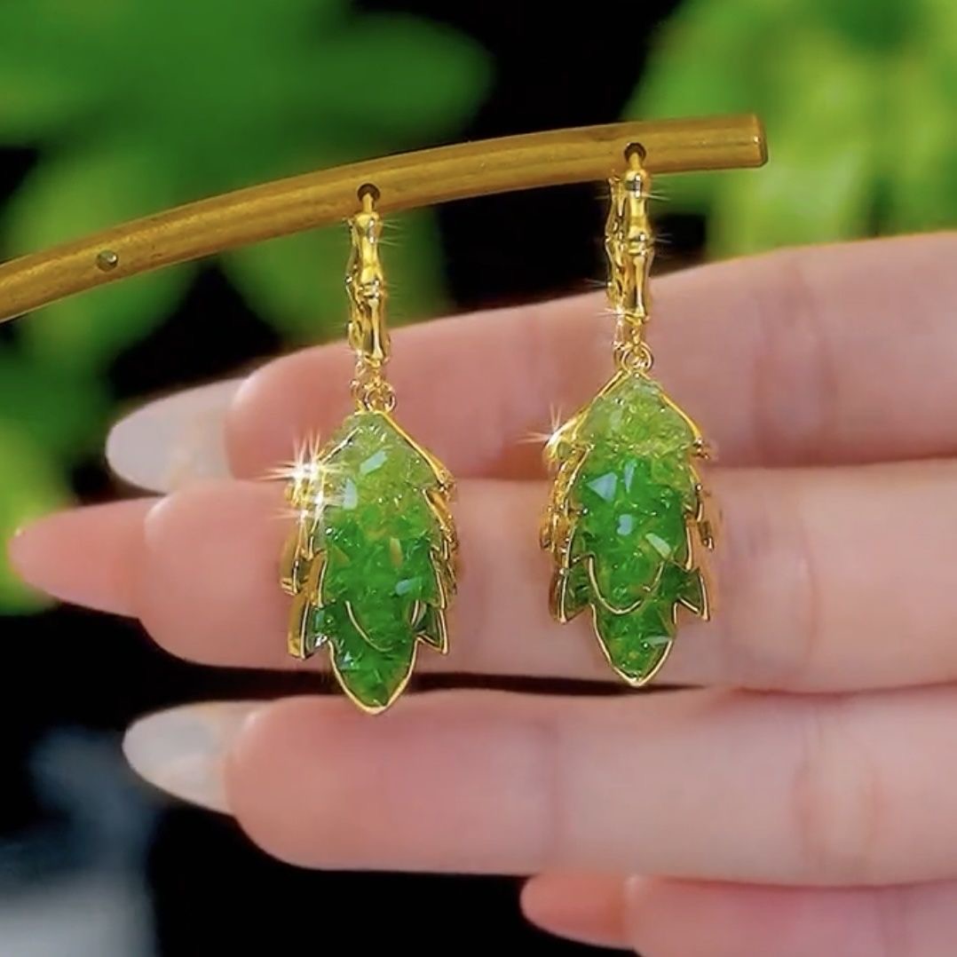 铜合金合成锆石耳饰 高端品质名媛气质女时尚翠绿色双层叶子耳环