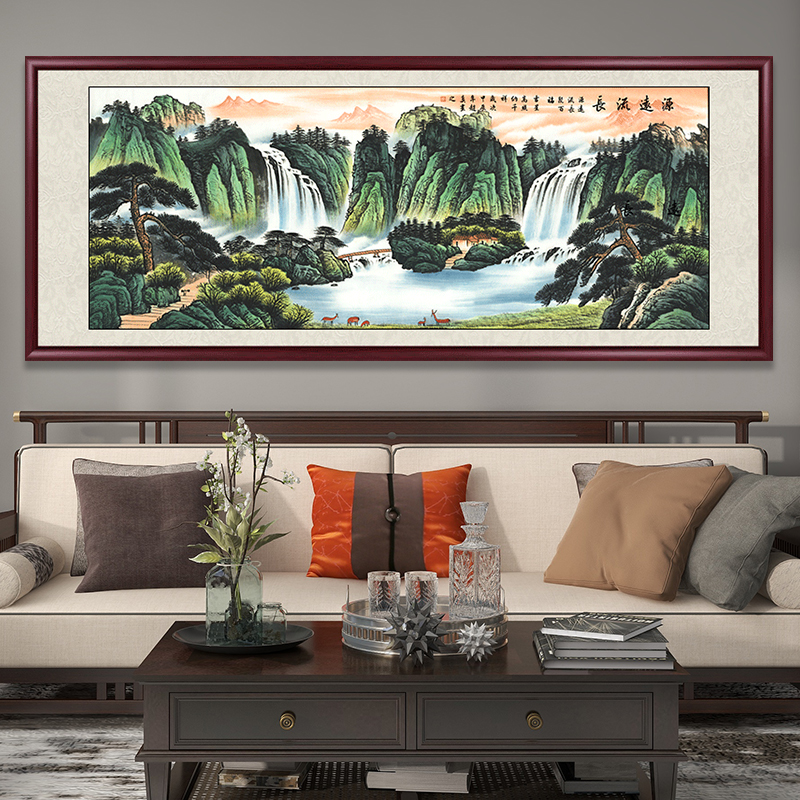 源远流长手绘国画装裱山水画书房客厅沙发背景墙装饰画办公室壁画
