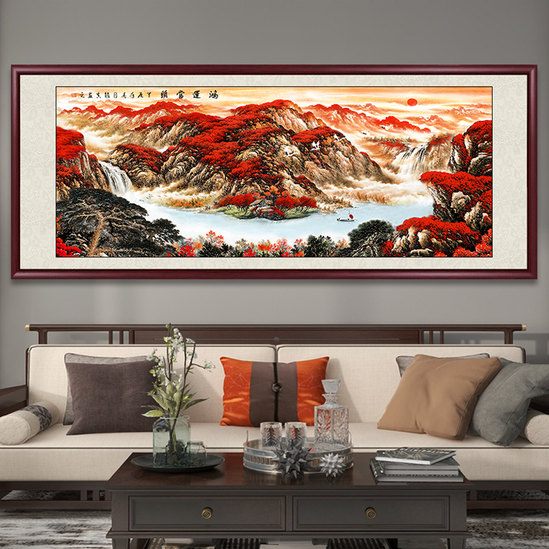 鸿运当头山水画国画客厅装饰画办公室挂画靠山中式沙发背景墙壁画