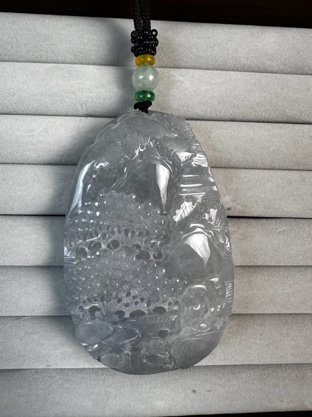 非金属珐琅吊坠 春彩斐//脆，莲蓬小舟双树山水牌45.6*72.7*11mm