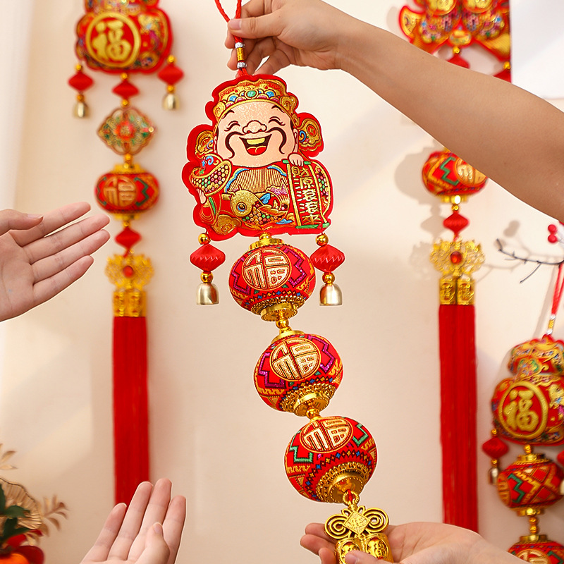 新年植绒灯笼财神春节装饰大红中式过年布置挂件元旦宫灯小