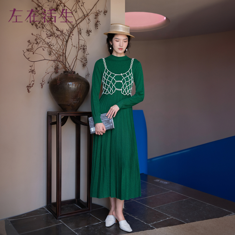 生活在左2023秋冬新品绿色复古修身保暖毛织连衣裙女1933258