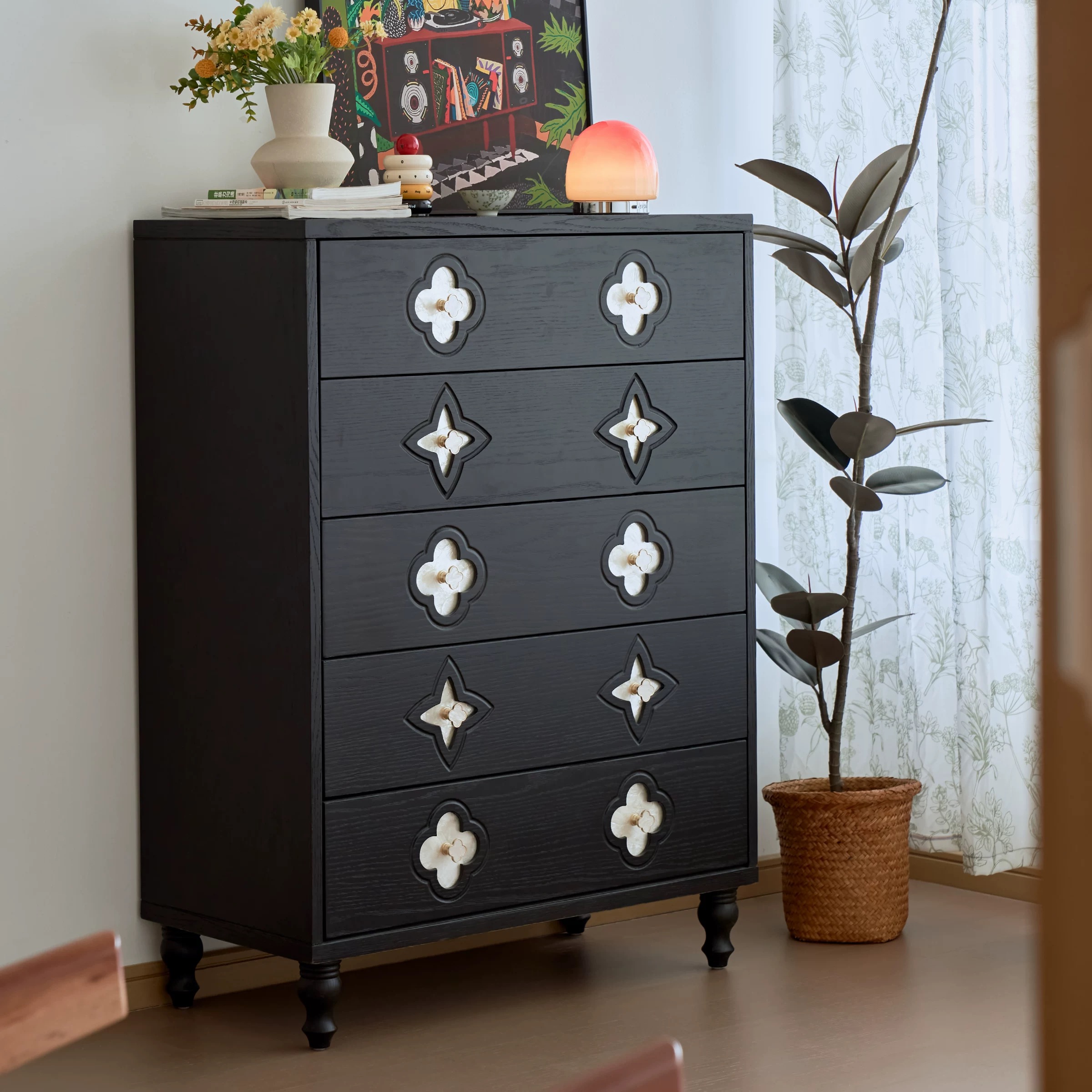 中古风实木五斗柜边柜家用储物复古斗柜北欧多功能卡门柜贝壳