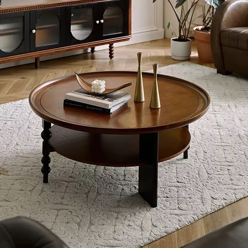 中古法式实木茶几圆形美式茶桌家用边几多功能茶台客厅家用复古