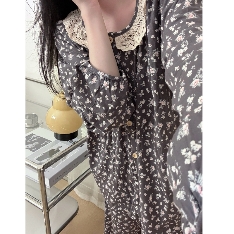 小羊家【灰黑小花】纯棉薄款春季空调房长袖家居服宽松女生睡衣套装