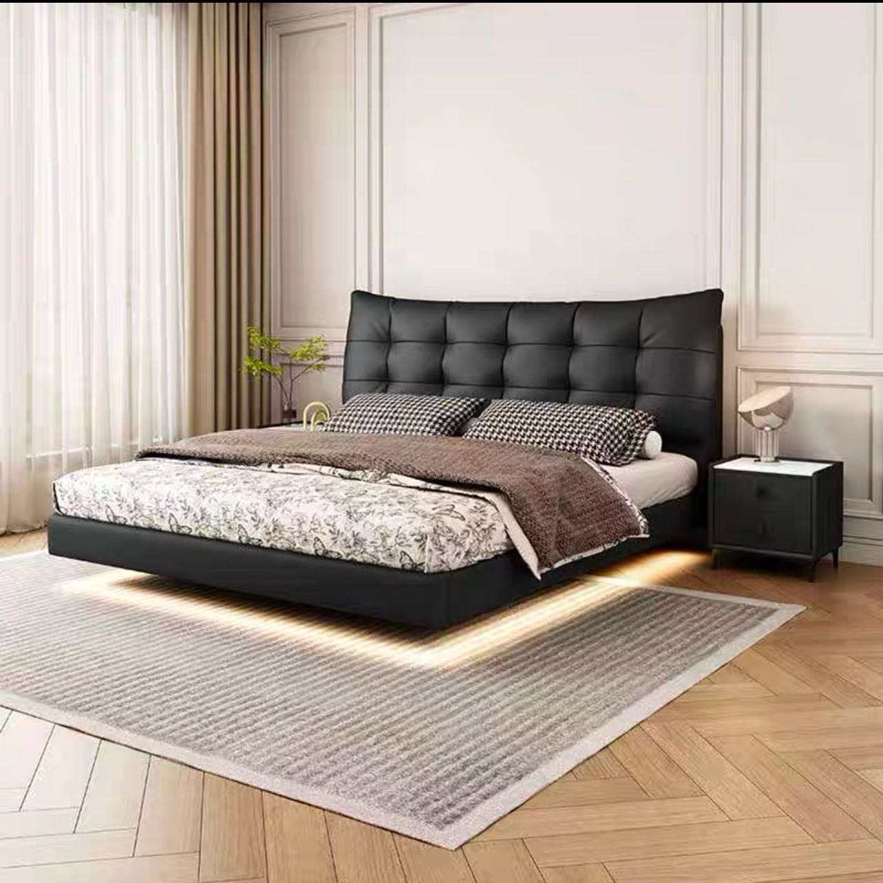 新疆包邮 意都大黑熊悬浮床意式真皮云朵轻奢双人床简约主卧大床