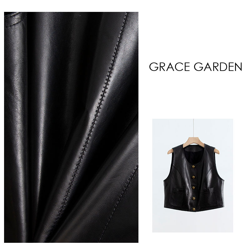 GRACE GARDEN【112】老钱马甲！复古圆领无袖单排扣皮衣PY3F0803