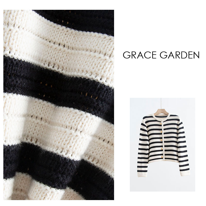 GRACE GARDEN【M小金扣！】小香风金扣圆领条纹长袖针织衫ZZS3G1962