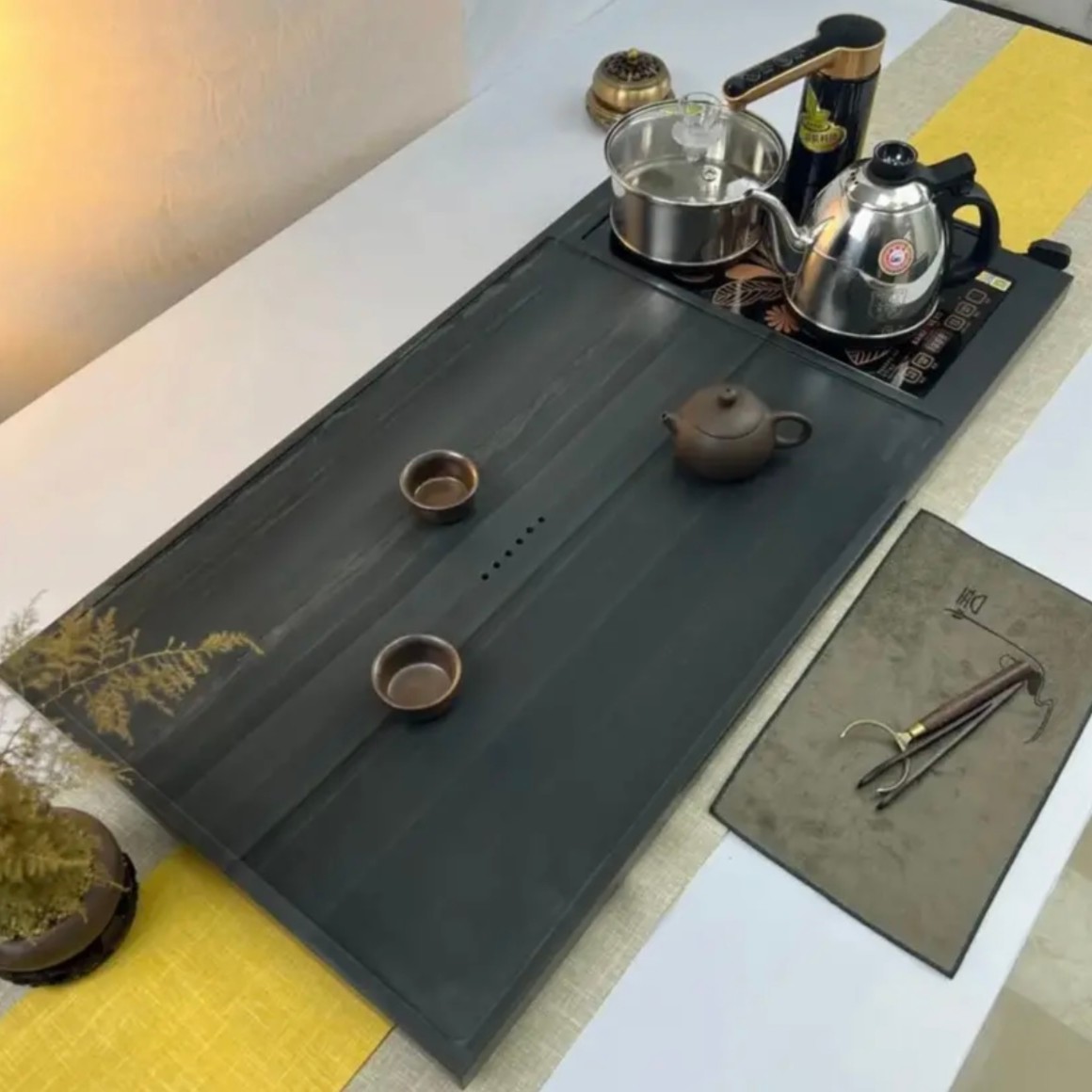 天然皇庭玉石茶盘简易孤舟带炉一体款茶盘茶几家用办公客厅阳台