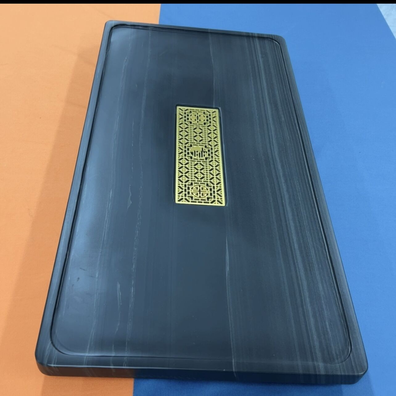 天然皇庭玉石茶盘简易孤舟带铜款茶盘茶几长款办公家用