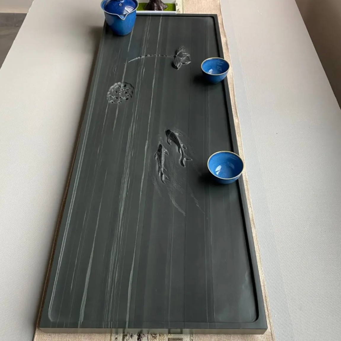 突然皇庭玉石茶盘￼￼鲢鱼戏水款茶盘茶几浮雕手工排水式