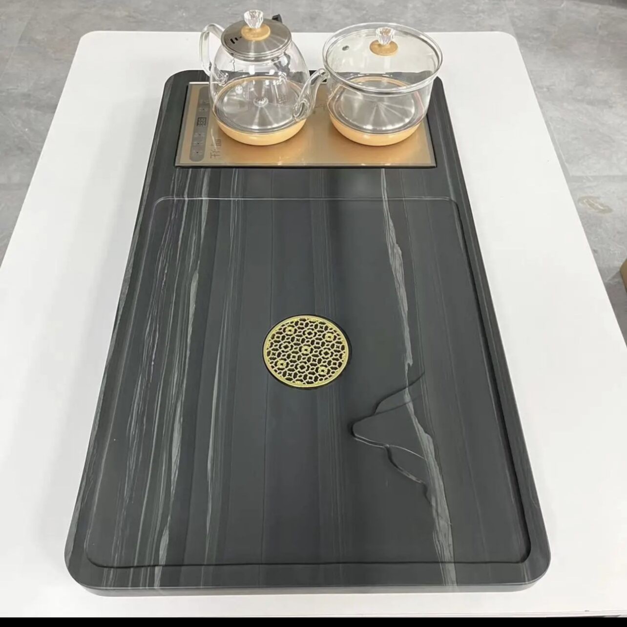 纯天然黄庭玉石茶盘电炉一体款适合办公用家用高山红日款