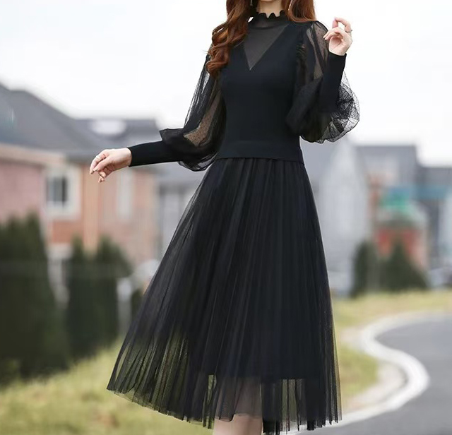 女款秋冬新款连衣裙高端气质名媛针织长袖拼接网纱假两件高级感系