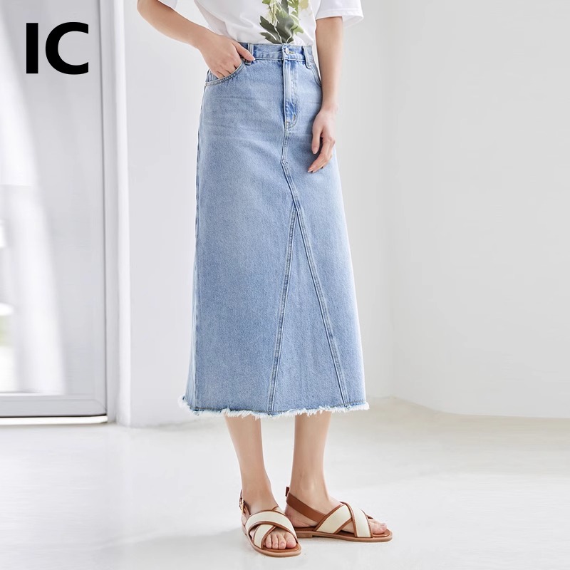 IC 设计感水洗流苏浅蓝半身牛仔裙女高腰显瘦a字修身后开叉